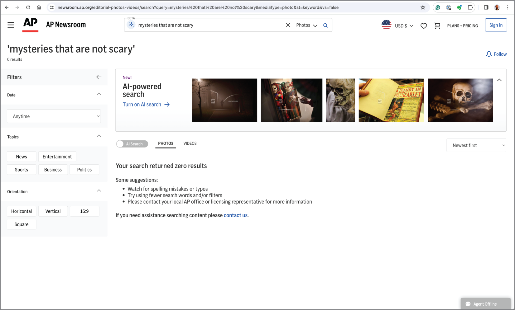 Conventional search results in AP Images for a negative query.